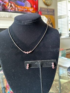 Pink Crystal Necklace and Earrings Set - Women Jewelry